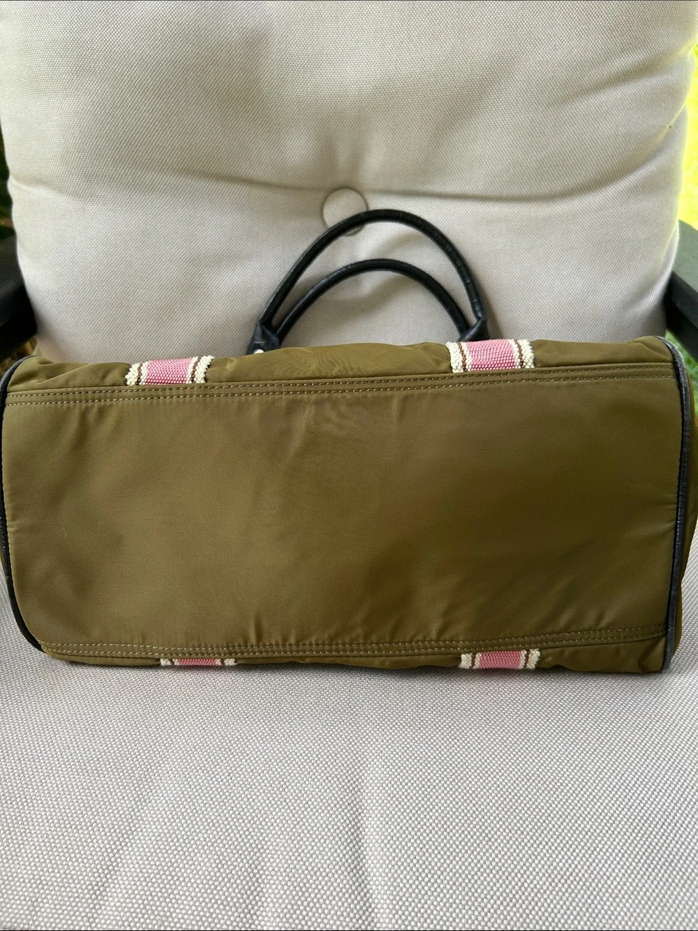 Olive Green Tote with Pink Stripe and Black Trim - Chic Everyday Shoulder Bag